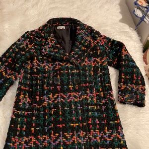 Pepaloves M warm thigh length coat with colorful chunky design.